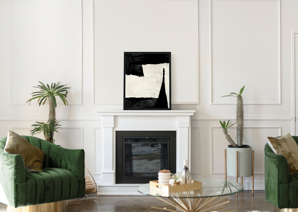 oak and robin large modern black and white abstract art in sophisticated living room