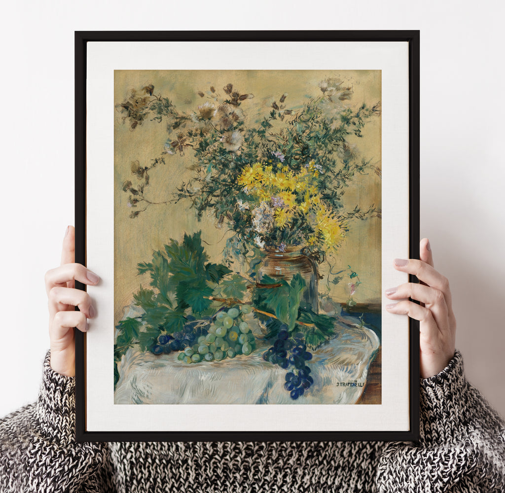 woman holding oak and robin black framed and matted vintage still life art print
