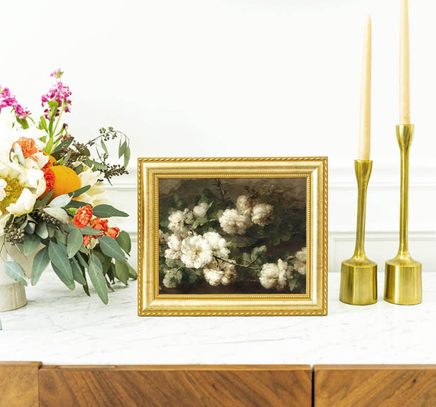 framed vintage art on console table, oak and robin customer review