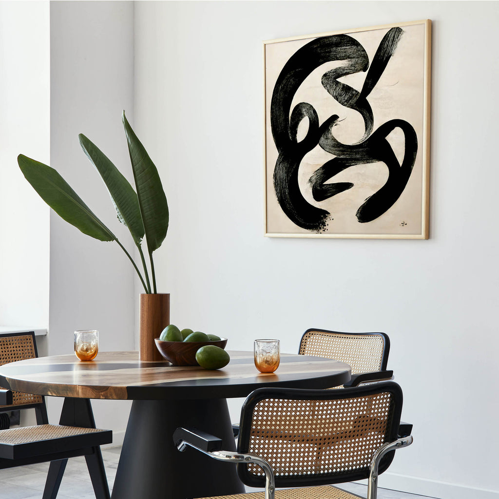 oak and robin black and white abstract wall art brushstrokes in modern dining room