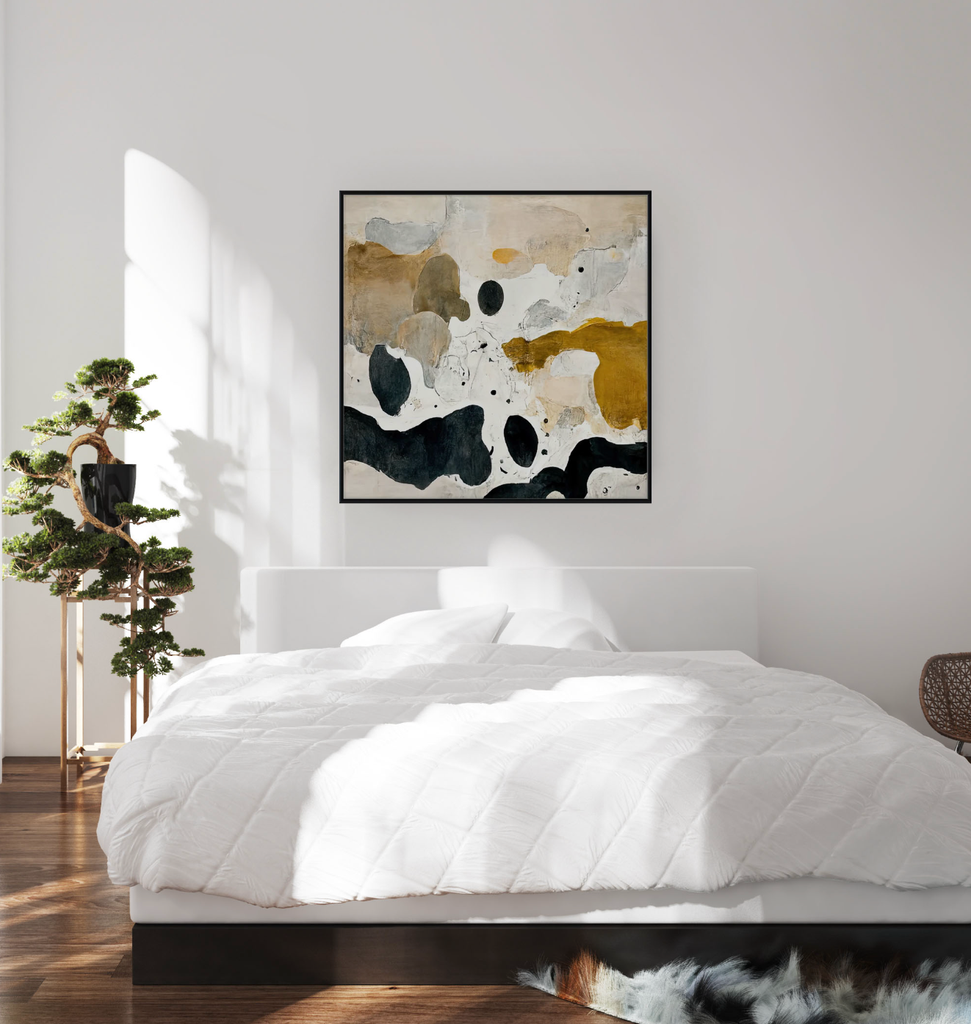 oak and robin black framed abstract art in minimal bedroom