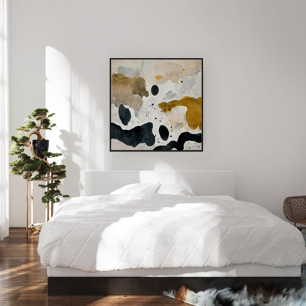 modern bedroom with large 30x30 framed abstract art from oak and robin